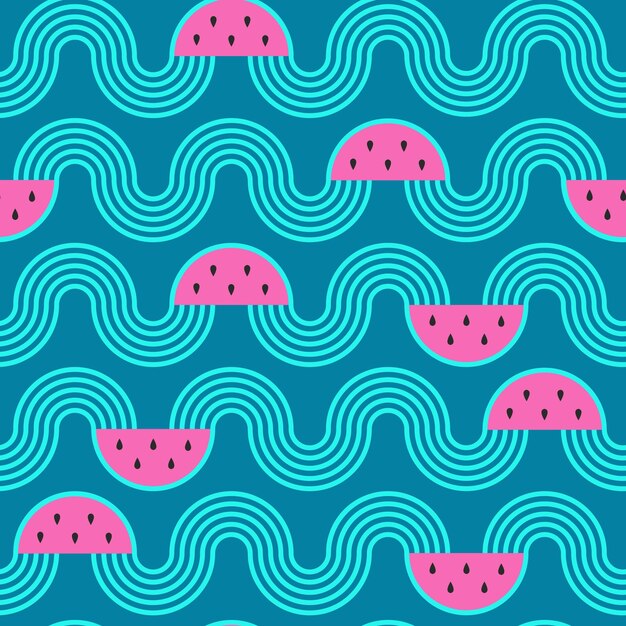 Seamless pattern with watermelon slices waves stripes Summer exotic freshness