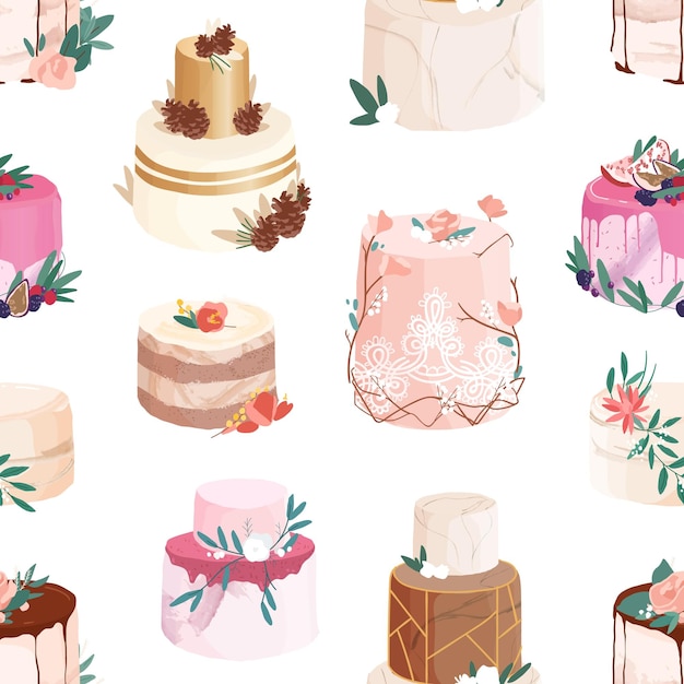 Seamless pattern with wedding or birthday cakes decorated with flowers, berries, fuits, leaves and fir cones. Repeatable ornate desserts on white background for printing. Colored vector illustration.