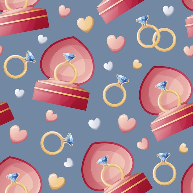 Seamless pattern with wedding gold rings in a box with hearts Great for wrapping paper fabric wallpaper textiles Background for Valentines Day