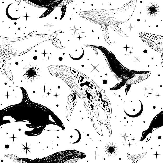 Seamless pattern with a whale Mystical whale