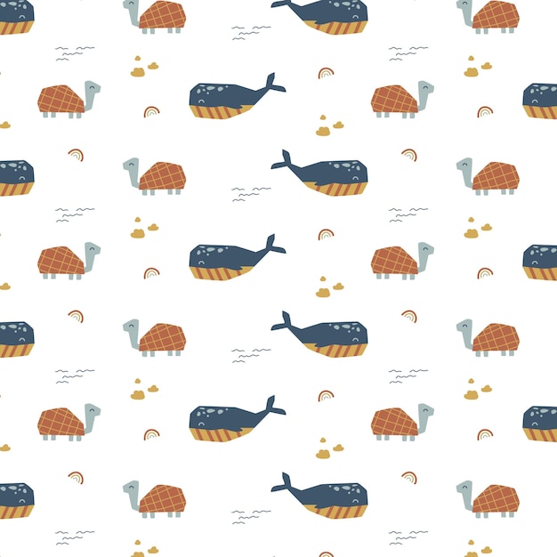 seamless pattern with whale and turtle