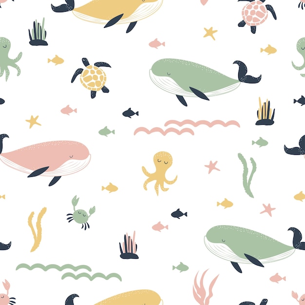 Seamless pattern with whales, octopuses, sea turtles, fishes in boho style. Pastel shades. Underwater world background.