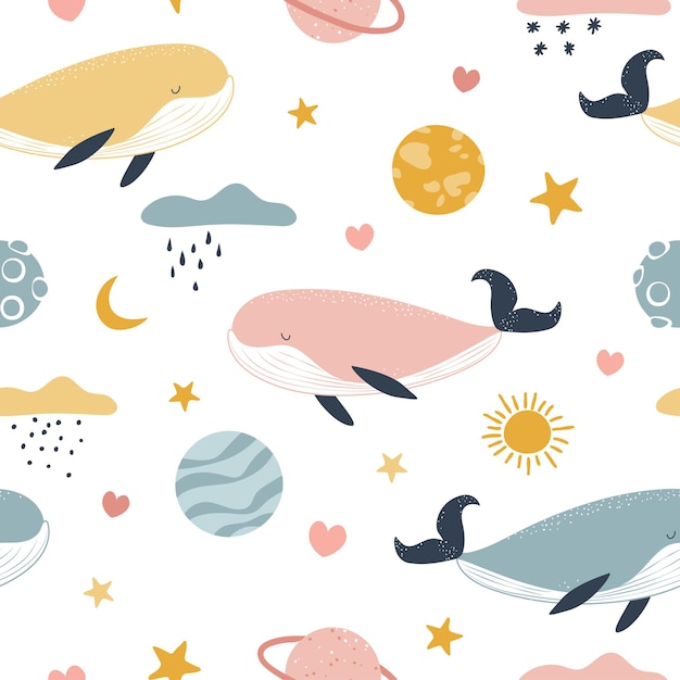 Seamless pattern with whales and rainbows in boho style.