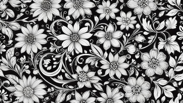 Vector seamless pattern with white and black flowers on a background