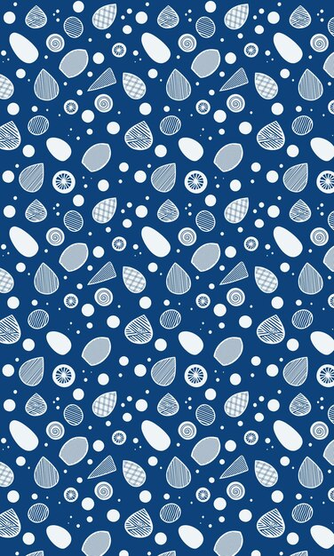 A seamless pattern with white and blue leaves and fruits on a dark blue background.