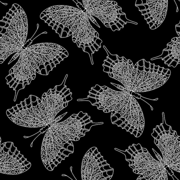 Seamless pattern with white butterfly in zentangle style on black background