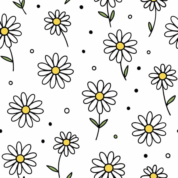 Seamless pattern with white daisies and black dots on a white background