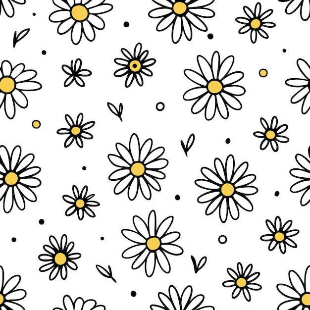 Seamless pattern with white daisies and yellow centers with black outlines on a white background