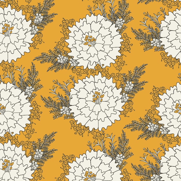 A seamless pattern with white flowers on a yellow background.