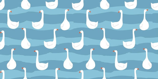 Vector seamless pattern with white geese swimming in the water on the waves cute duck print vector