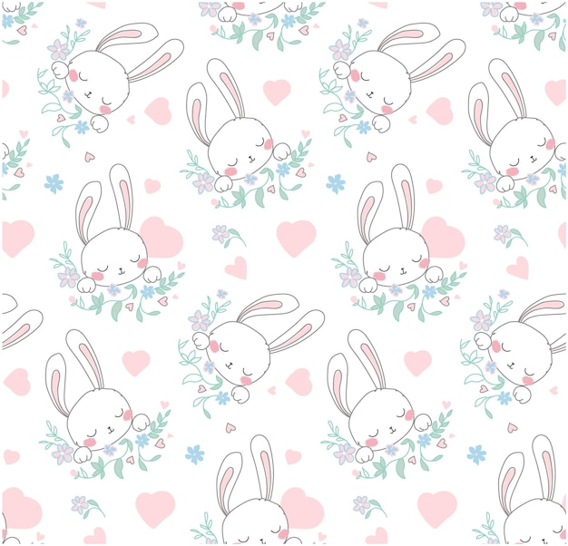 Seamless pattern with white hare and hearts for babies