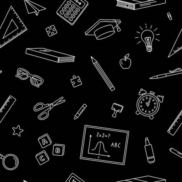 Seamless pattern with white line school supplies on black background Background to school elements