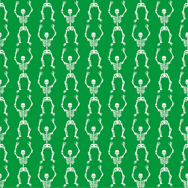 Seamless pattern with white skeletons on a green background