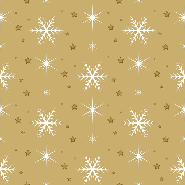 Seamless pattern with white snowflakes and stars on gold background