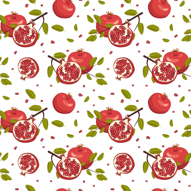 Seamless pattern with whole and half red pomegranate with seeds and branch with leaves Healthy fruits print on white background Sweet food for diet Vector flat illustration