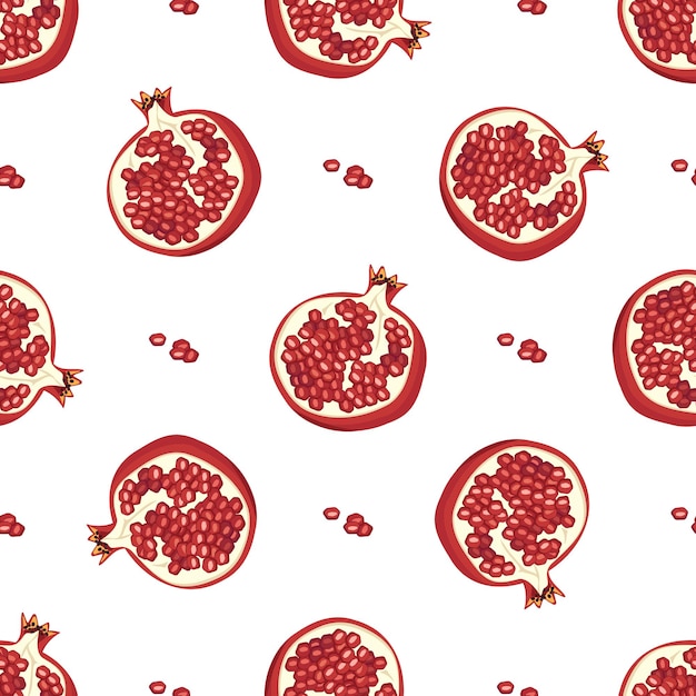 Seamless pattern with whole red pomegranate. Healthy bright fruits print on white background. Sweet food for diet. Vector flat illustration