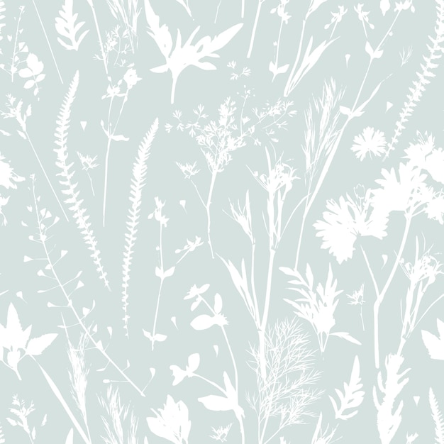 Seamless pattern with wild herbal silhouettes in white color on pastel green background