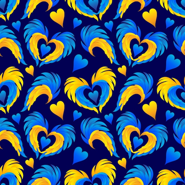 Seamless pattern with wings and hearts in yellow and blue colors on a dark blue background