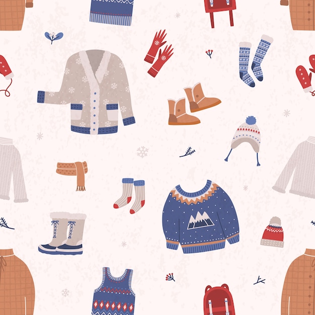 Seamless pattern with winter clothes and outerwear