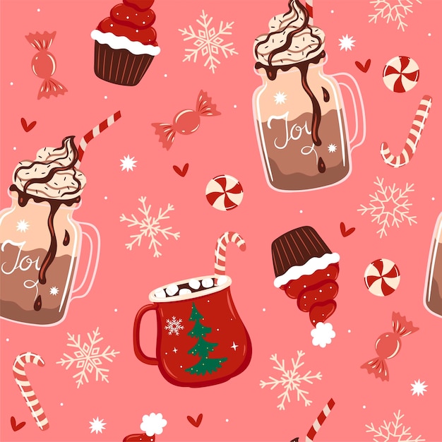 Seamless pattern with winter drinks and sweets Vector graphics