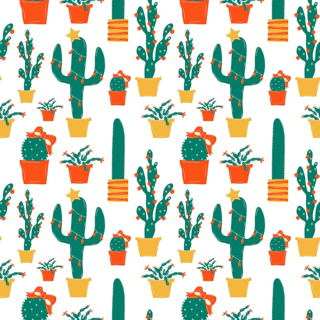 Seamless pattern with Winter holiday decorations. Christmas cactus, scandinavian style branches and