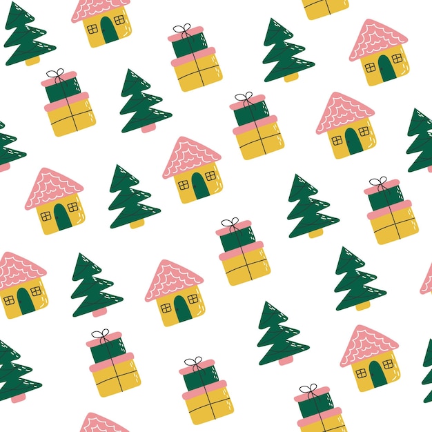 Seamless pattern with winter houses trees and gifts Creative christmas vector