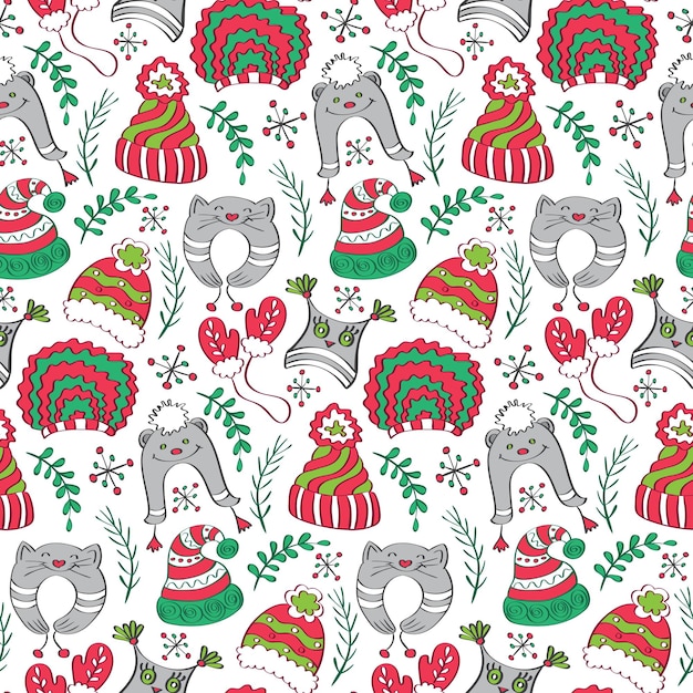 Seamless pattern with winter knitted hats