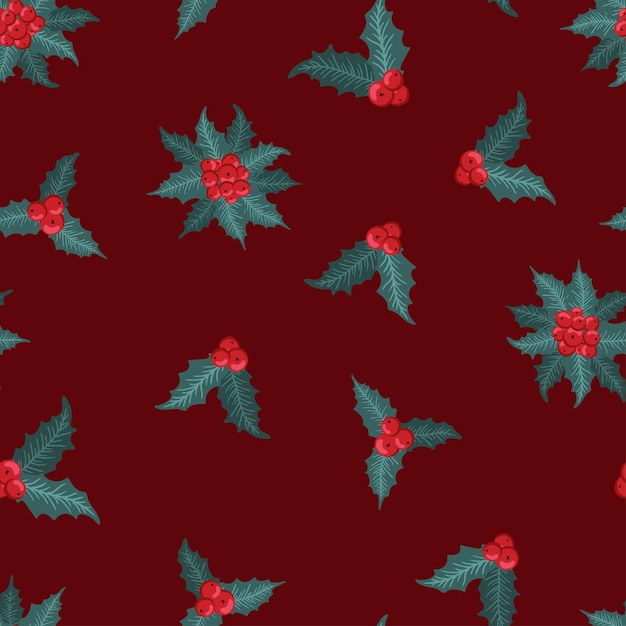 Seamless pattern with winter plants holly berry rowan branches Festive American traditional ornate