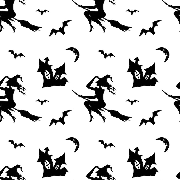 Seamless pattern with witch flying on broomstick bat moon isolated on white background