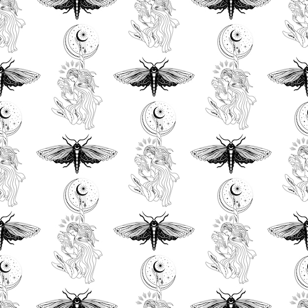 Seamless pattern with witch, girl. Mystical pattern. halloween, sun, stars, moon, moon phases.