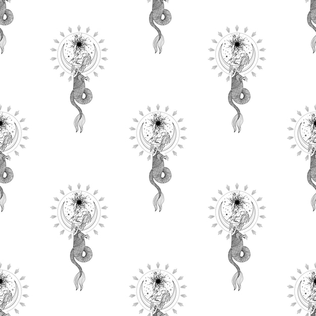 Seamless pattern with witch, girl. Mystical pattern. halloween, sun, stars, moon, moon phases.