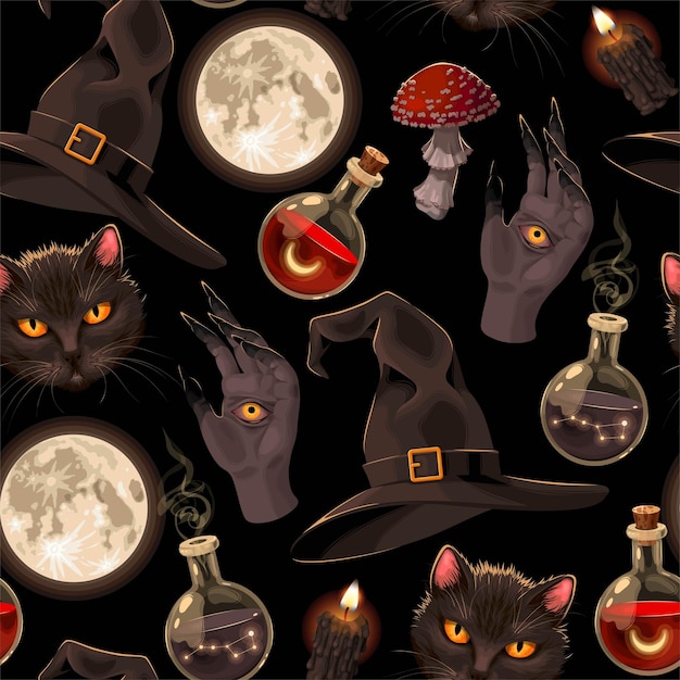 Seamless pattern with witch hats and moon