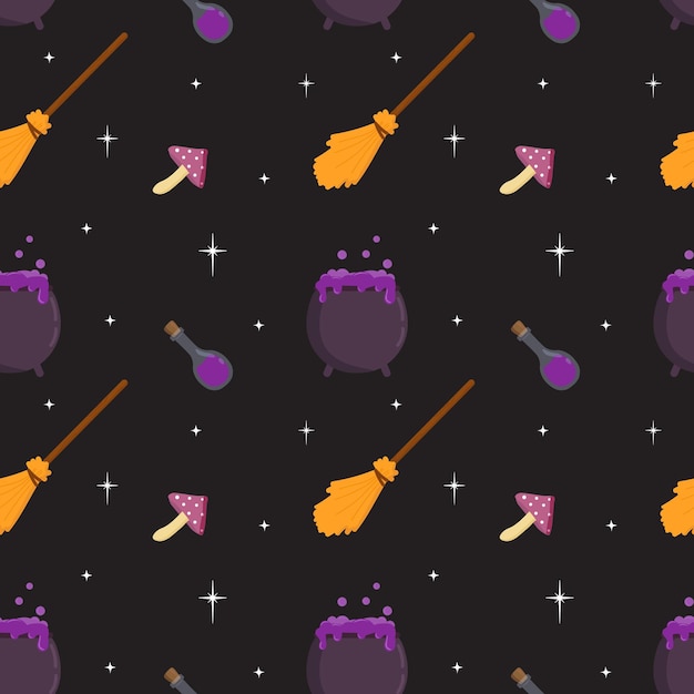 Seamless pattern with witch's cauldron potion broom amanita stars on dark background Cartoon flat vector style Baby texture for fabric wrapping textile wallpaper clothing greeting cards