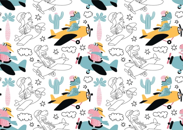 seamless pattern with with Cute dinosaurs flying in airplane.