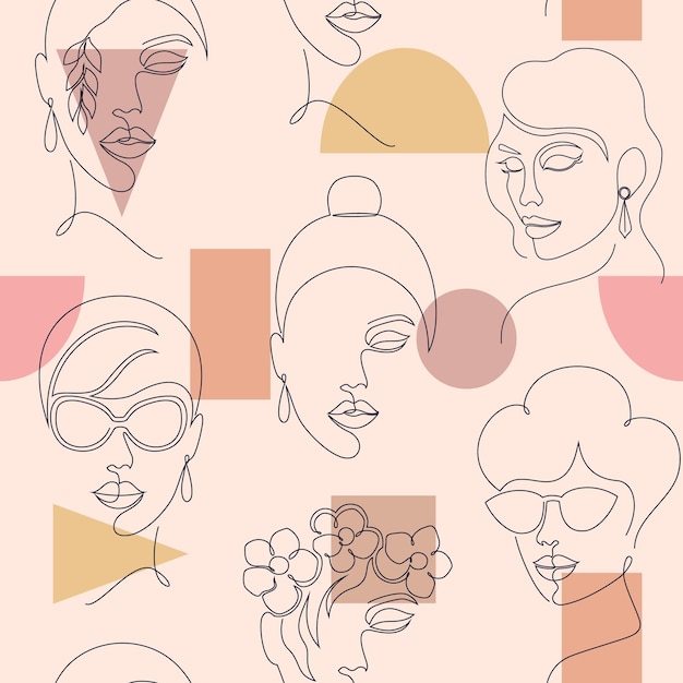 Seamless pattern with woman faces and geometric shapes