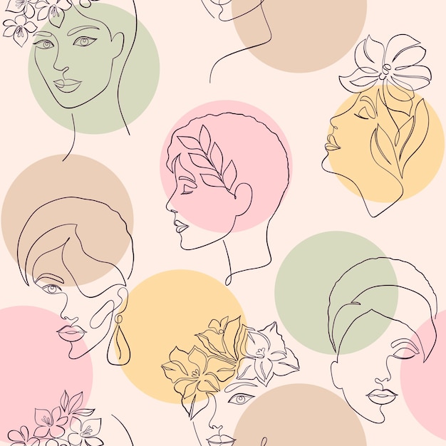 Seamless pattern with women faces  and color circles