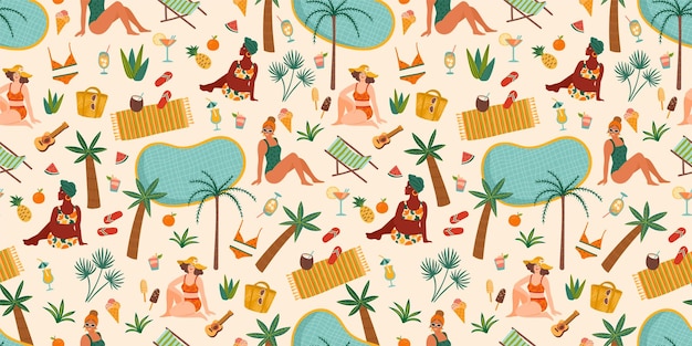 Seamless pattern with women in swimsuit on tropical beach