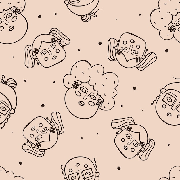 seamless pattern with womens faces in doodle style