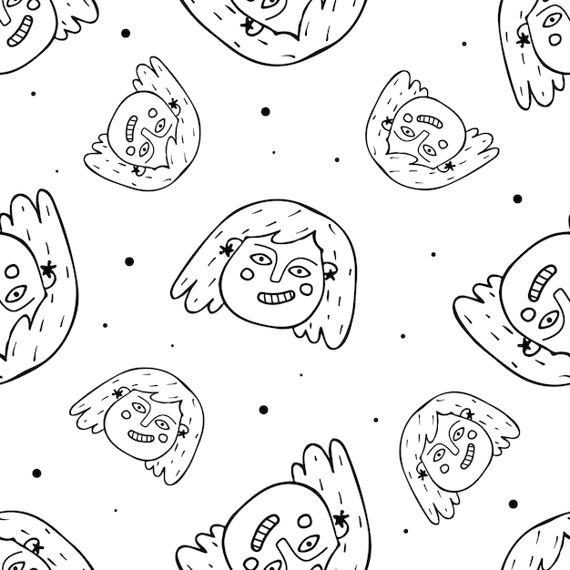 seamless pattern with womens faces in doodle style