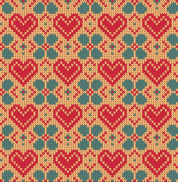 Seamless pattern with wool knitted texture on the theme of Valentine's Day with an image of the Norwegian patterns and hearts.