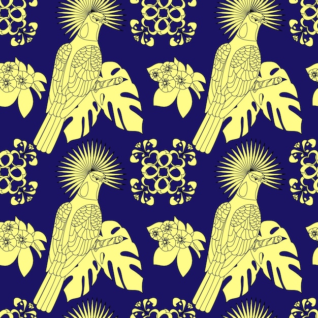 seamless pattern with yellow birds on dark blue background, home textiles