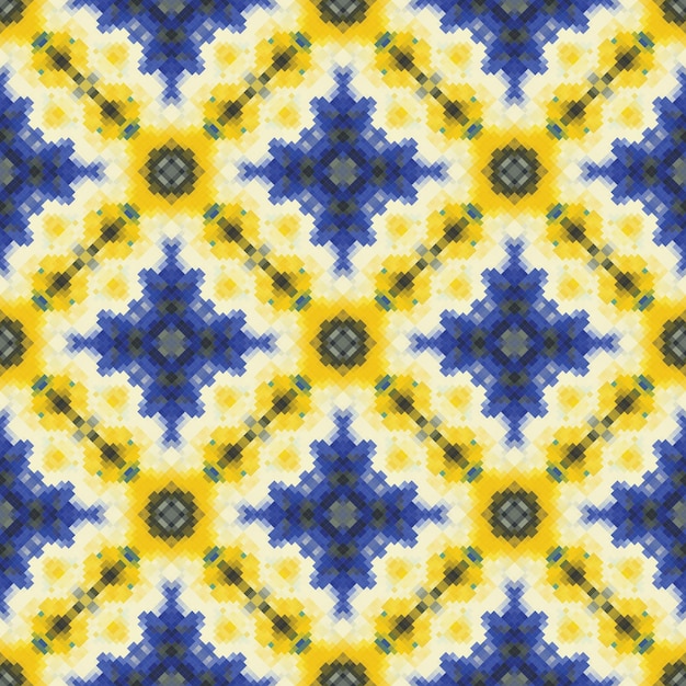 Vector seamless pattern with yellow and blue geometric shapes.