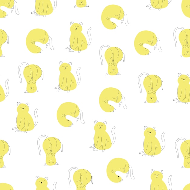 Seamless pattern with yellow cats in different poses Vector spots and line art