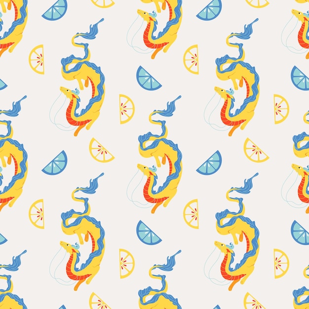 Seamless pattern with yellow chinese dragons and slice of lemon or orange bright cartoon for decor