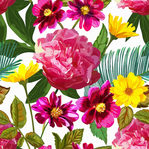 Seamless pattern with yellow chrysanthemums and red peonies flow