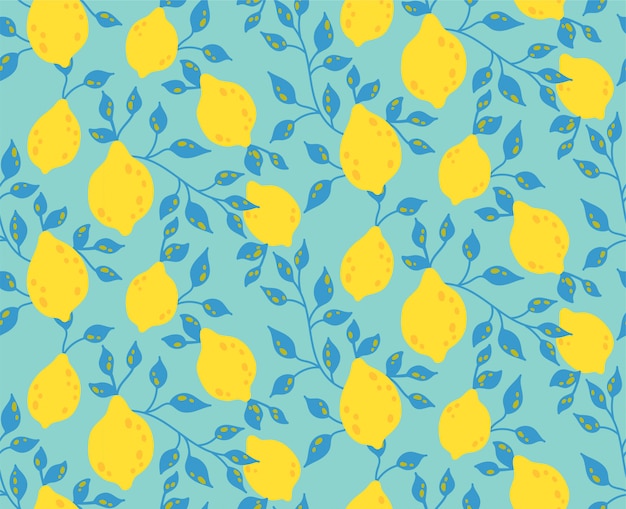 Seamless pattern with yellow lemon fruit and leaves