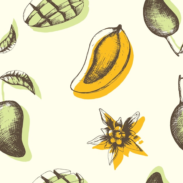 Seamless pattern with yellow mango fruits slices and flowers on a white background Hatching handdrawn Thai mango For textile design kitchen tablecloth packaging and wallpaper