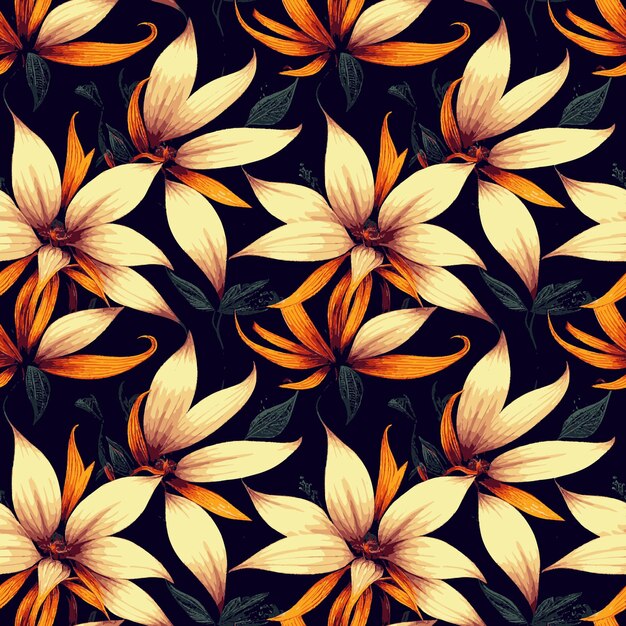 Seamless pattern with yellow and orange flowers on a black background.