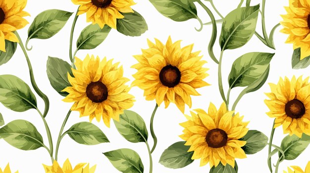 Vector seamless pattern with yellow sunflowers and green leaves