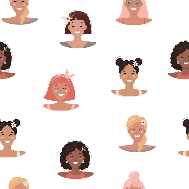 Seamless pattern with young women of different races vector flat cartoon illustration